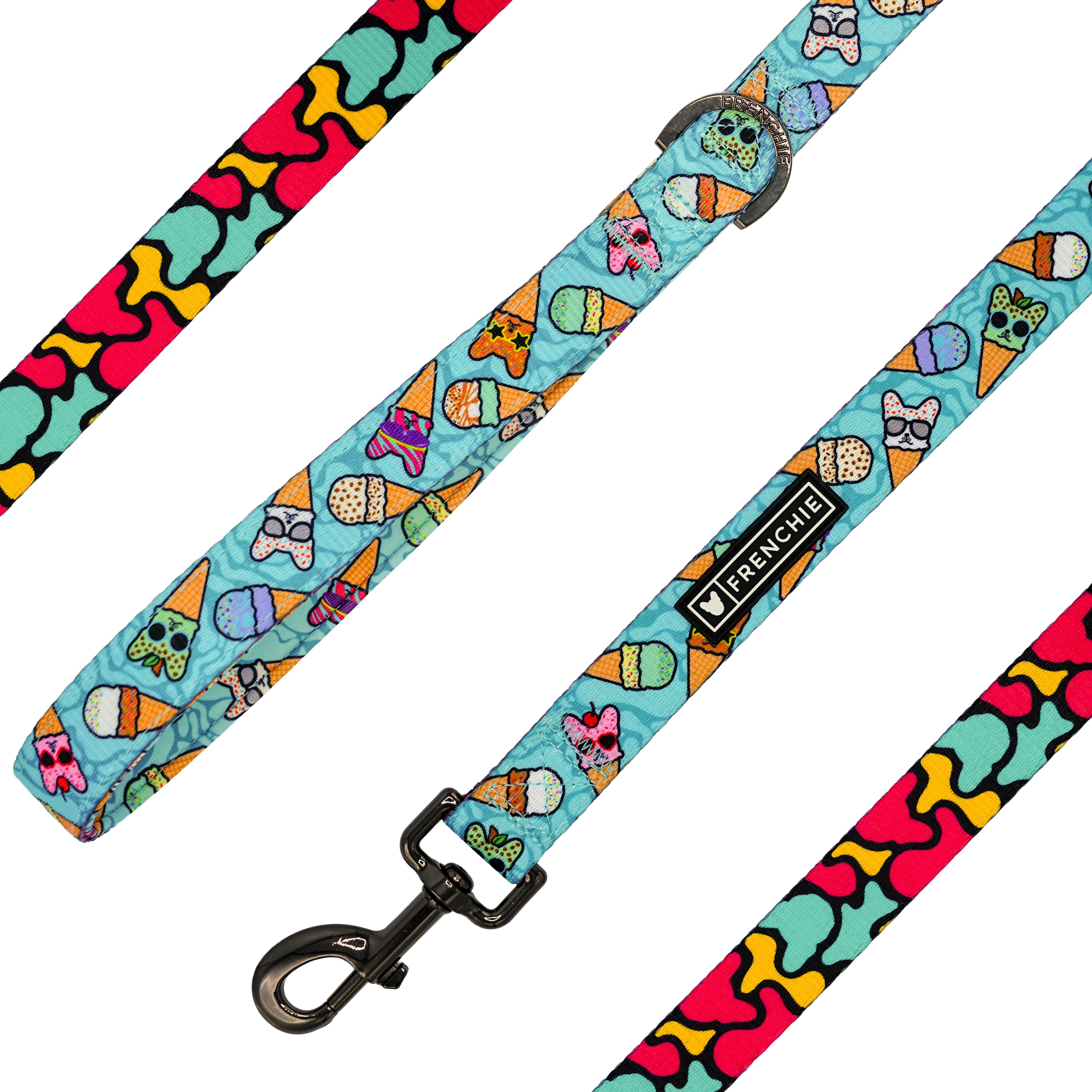 Colorful dog leash with cartoon ice cream cones featuring french bulldog shaped ice cream scoops on a white background.
