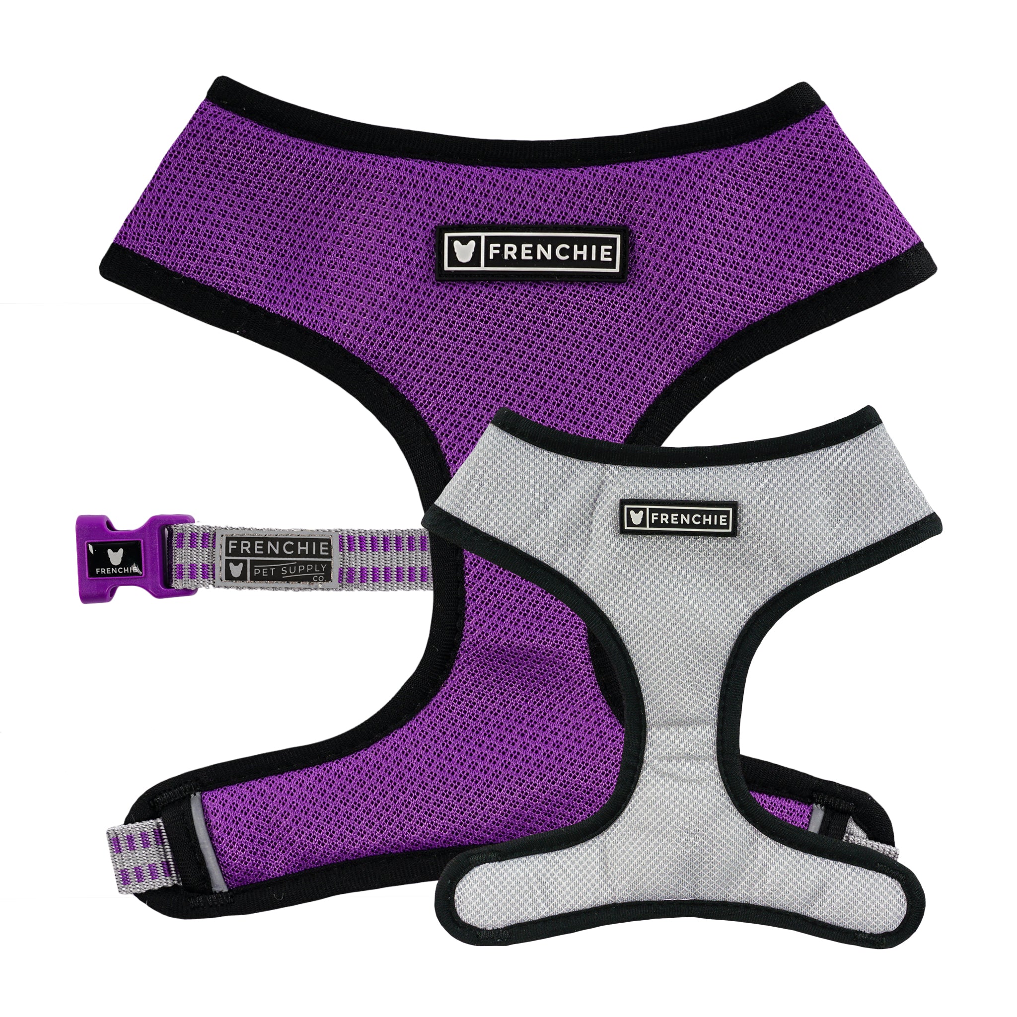 Frenchie Duo Reversible Harness - Purple and Silver - Frenchie Bulldog - Shop Harnesses for French Bulldogs - Shop French Bulldog Harness - Harnesses for Pugs